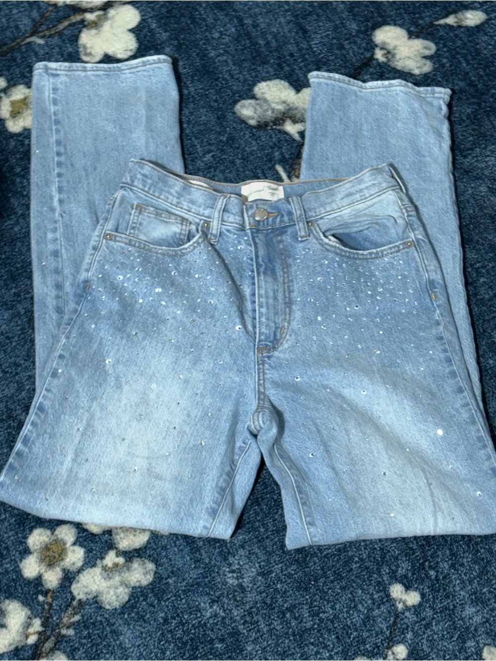 Light Wash Rhinestone Women's Straight Leg Jeans 4R